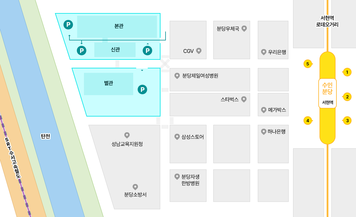 본관 정문에서 나와서 우측으로 내려가면 주차타워가 위치해있고 신관에도 지하주차장이 위치해있으며 별관 위에 주차타워가 위치해있습니다.