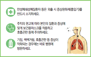 첫째, 만성폐쇄성폐질환자 등은 외출 시 증상완화제(흡입기)를 반드시 소지하세요. 둘째, 주치의 권고에 따라 본인의 질환과 증상에 맞게 보건용마스크를 착용하고 호흡곤란 등에 주의하세요. 셋째, 기침, 쌕쌕거림, 호흡곤란 등 증상이 악화되는 경우에는 바로 병원에 방문하세요.