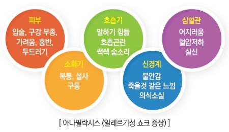  피부 호흡기 입술, 구강 부종, 가려움, 홍반, 말하기 힘듦 호흡곤란 두드러기 쌕쌕 숨소리, 소화기 신경계 복통, 설사 불안감 구통 죽을것 같은 느낌 의식소실 [아나필락시스 (알레르기성 쇼크 증상)] 심혈관 어지러움 혈압저하 실신