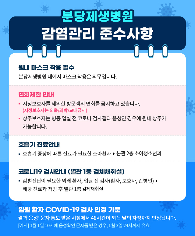 코로나 19 관련 감염관리 준수사항
[원내 마스크 착용 필수]
- 분당제생병원 내에서 마스크 착용은 의무입니다
[면회제한 안내]
- 지정보호자를 제외한 방문객의 면회를 금지하고 있습니다.(지정보호자는 외출/외박/교대금지)
- 상주보호자는 병동 입실 전 코로나 검사결과 음성인 경우 원내 상주가 가능합니다.
[호흡기 진료안내]
- 호흡기 증상에 따른 진료가 필요한 성인환자 -> 본관 1층 호흡기 알레르기 내과
- 호흡기 증상에 따른 진료가 필요한 소아환자 -> 본관 1층 호흡기 소아청소녀과
[코로나19 검사안내]
- PCR검사 외래 환자, 해외출국용 검사 -> 별관 선별진료소
- 입원 전 PCR 검사 -> 해당 진료과 처방 후 별관 선별진료소에서 검사
- 상주보호자 및 간병인 입원 전 검사 -> 별관 선별 진료소

입원 환자 COVID-19 검사 인정 기준
결과'음성'문자 통보 받은 시점에서 48시간이 되는 날의 자정까지 인정됩니다.
[예시]1월 1일 10시에 음성확인 문자를 받은 경우, 1월 3일 24시까지 유효