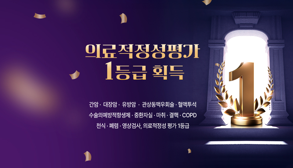 간암·대장암·유방암·관상동맥우회술·혈액투석·수술의예방적항생제·중환자실·마취·결핵·COPD·천식·폐렴·영상검사 등 다수 의료 적정성 평가 1등급 획득