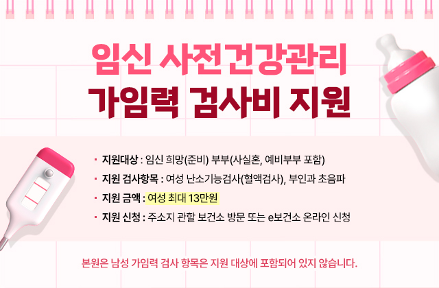 임신 사전건강관리 가임력 검사비 지원


지원 대상 : 임신 희망(준비) 부부(사실혼, 예비부부 포함)


지원 검사항목 : 여성 난소기능검사(혈액검사), 부인과 초음파


지원 금액 : 여성 최대 13만원


지원 신청 : 주소지 관할 보건소 방문 또는 e보건소 온라인 신청


*본원은 남성 가임력 검사 항목은 지원 대상에 포함되어 있지 않습니다.