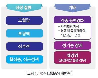 [그림1. 이상지질혈증의 합병증] 심장질환: 고혈압, 부정맥, 심부전, 협심증, 심근경색증. 기타 : 각종 동맥경화(사지혈관 폐색, 경동맥 죽상경화증, 뇌졸증, 뇌출혈), 성기능 장애, 췌장염(중성지방 높은 경우)