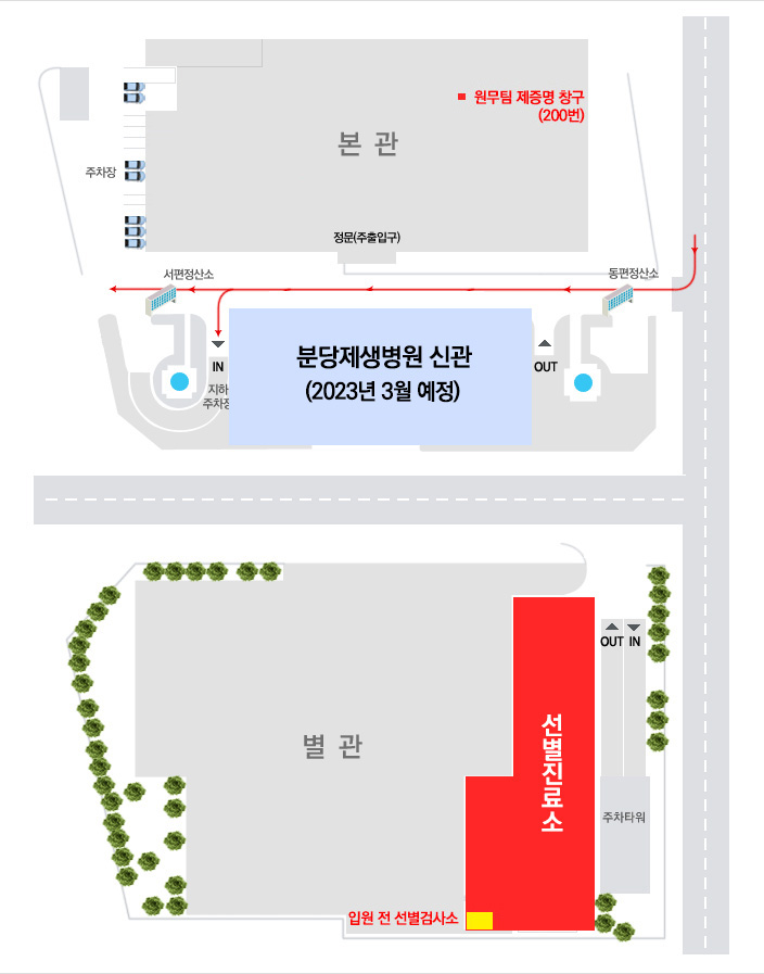 선별진료소 위치 안내. 별관 오른쪽 위치