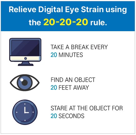 Relieve Digital Eye Strain using the 20-20-20 rule. TAKE A BREAK EVERY 20 MINUTES / FIND AN OBJECT 20 FEET AWAY / STARE AT THE OBJECT FOR 20 SECONDS
